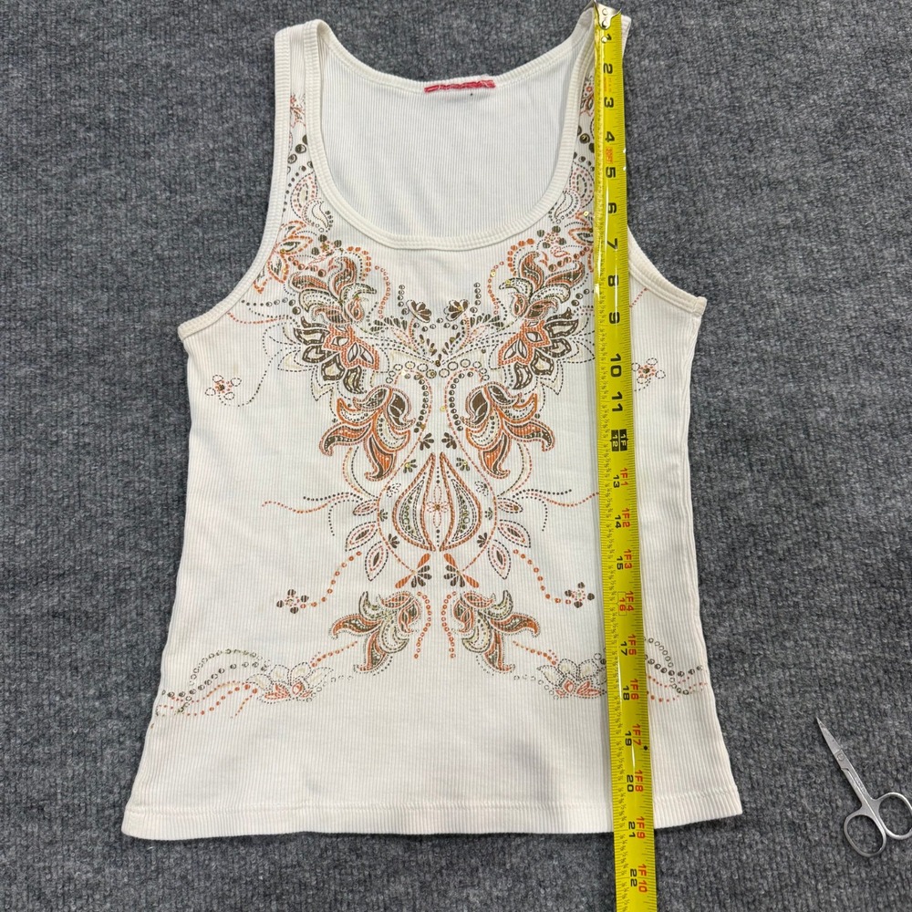 Y2K White Ribbed Sequin Graphic Tank Top Paisley Boho Scoop Neck Sleeveless - Picture 8 of 8